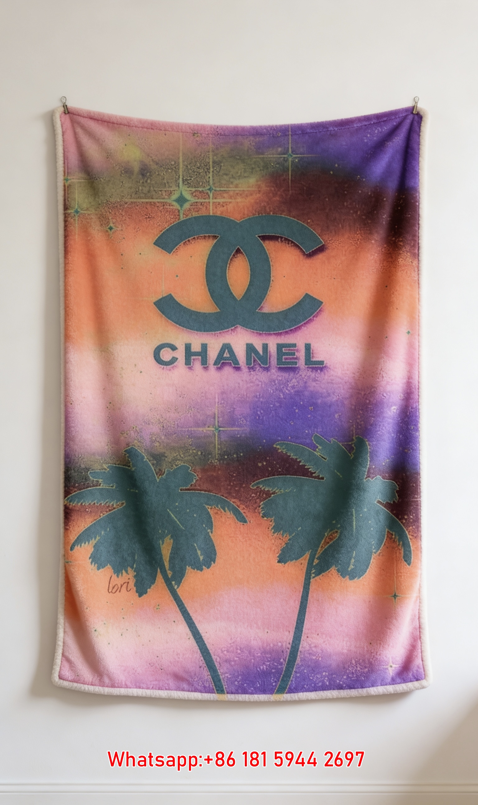 Luxury Chanel Teal CC Logo Flannel Throw Blanket  Gradient Sunset Palm Tree Print IMG_7213